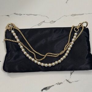Elegant Black Satin Clutch with Gold Chain